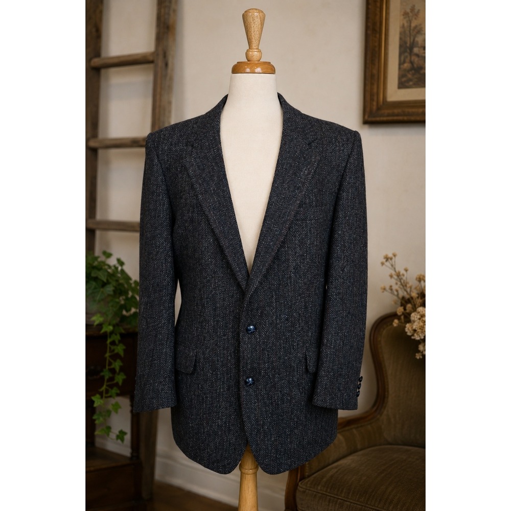 Vintage 80s Wool Herringbone Blazer Men's 42 Long Dark Academia Professor Tweed